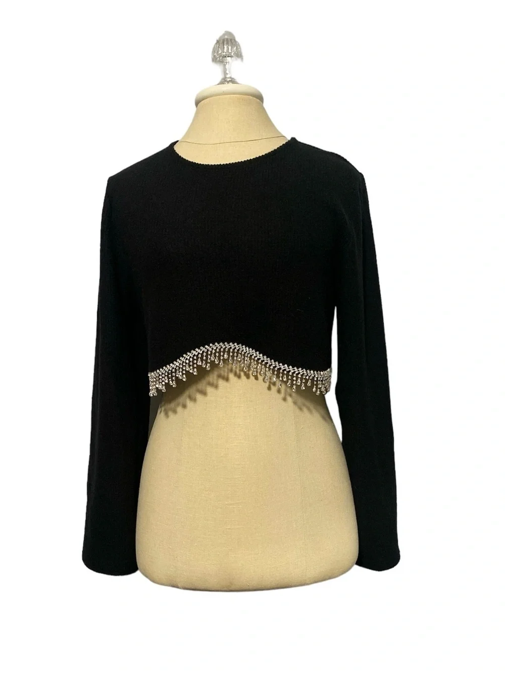 Zara Black Rhinestone Fringe Knit Crop Long Sleeve Sweater Top Medium NWT Glam